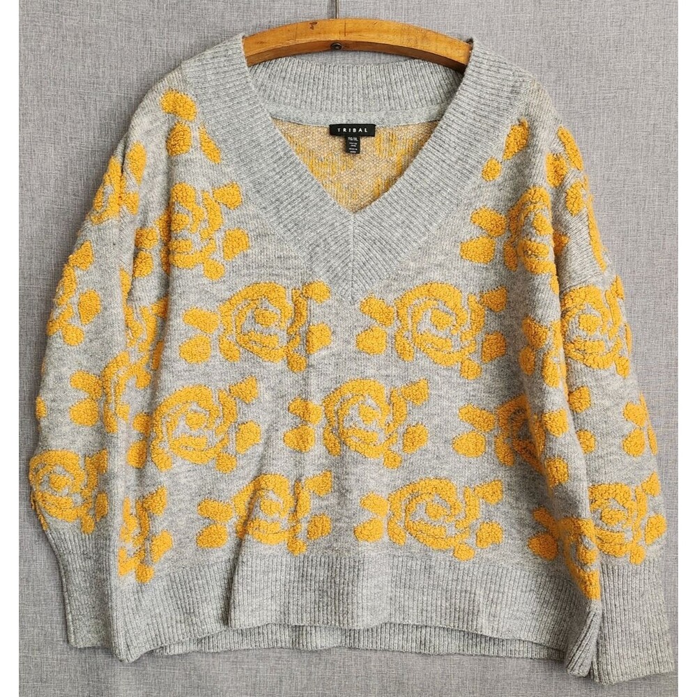 Tribal Womens Grey Mustard Yellow Boucle Textured Flowers XL